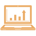 ícone de um computador aberto e um gráfico de setas no ecran, em cor dourada