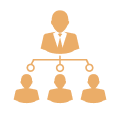 icone de hierarquia na empresa uma pessoa acima ligada a três pessoas em baixo, em tom dourado